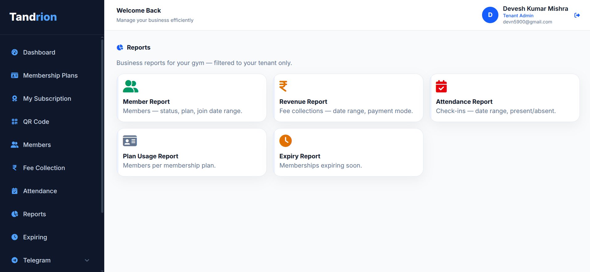 Tandrion Reports page with member, revenue, attendance, plan usage, and expiry report options