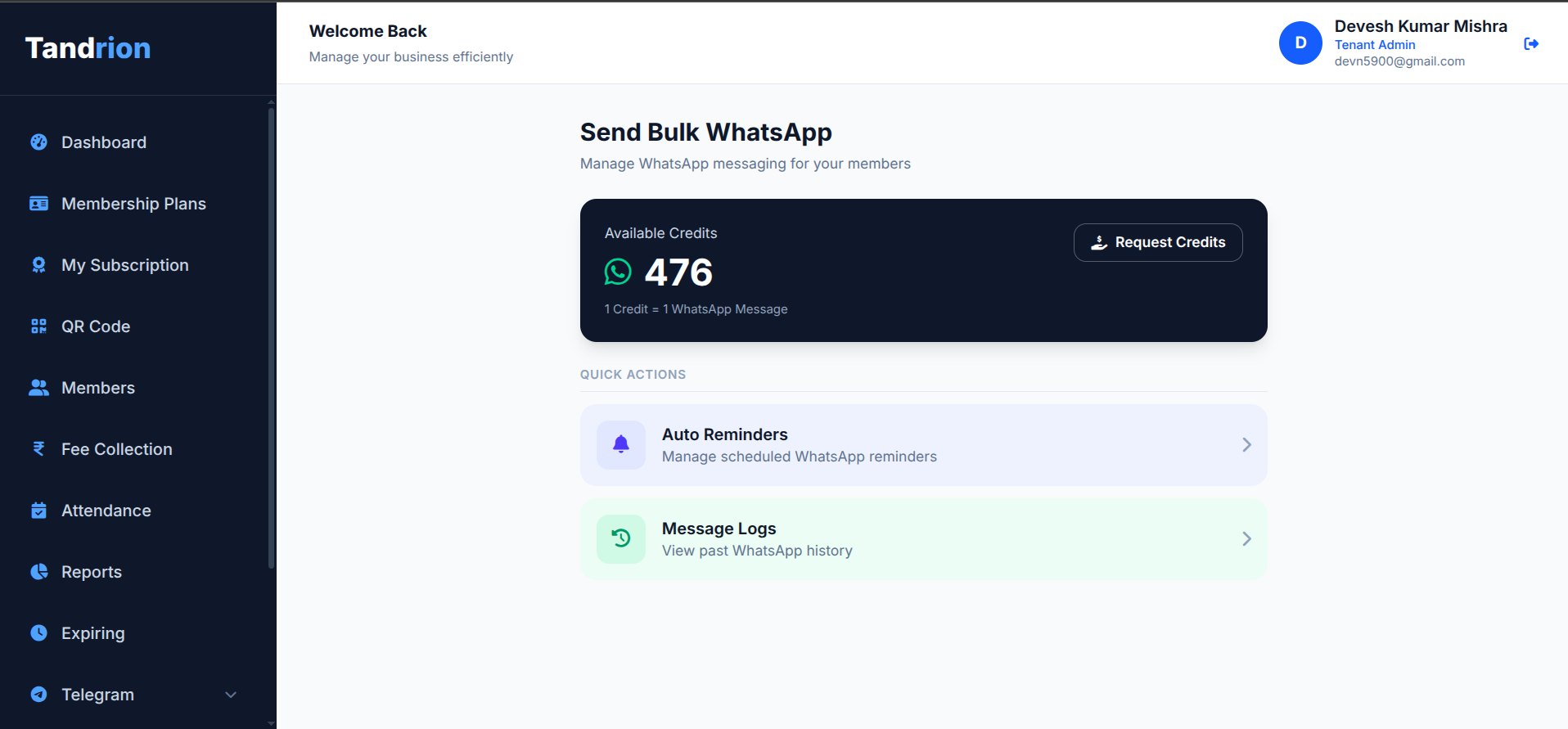 Tandrion WhatsApp dashboard showing available credits, auto reminders, and message logs
